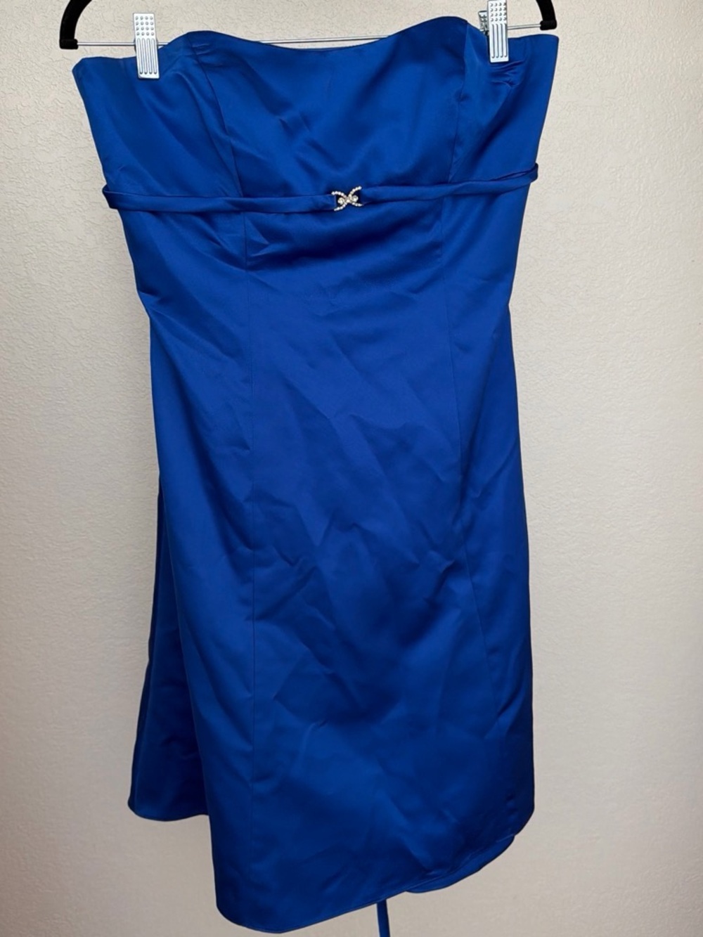 David's Bridal Strapless Royal Blue Cocktail Dress with Rhinestone Accent